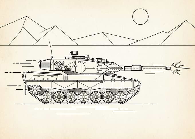 Tank firing in desert line art