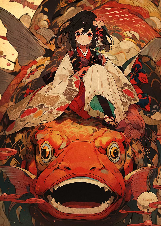 Anime Girl Riding Giant Koi Fish