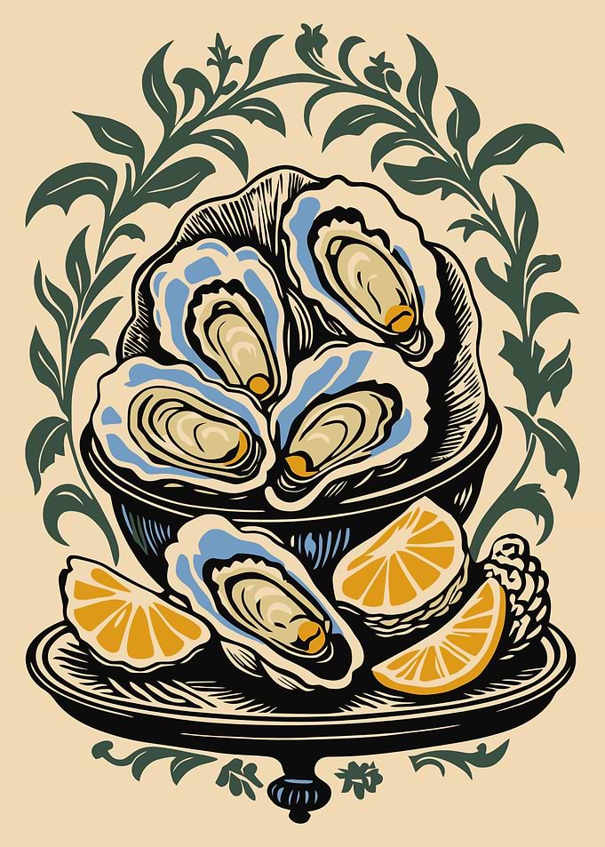Oysters and Lemons Still Life Illustration