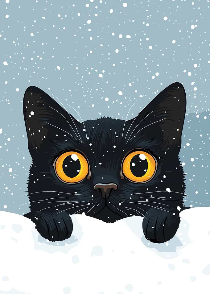 Black Cat hiding in the Snow