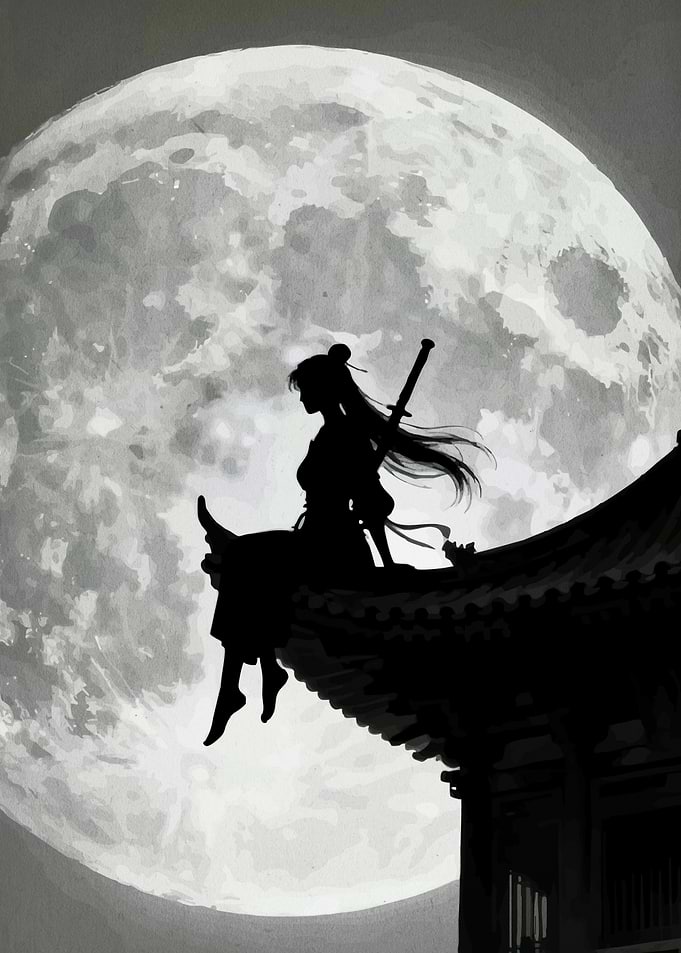 Silhouette of a Warrior Under Moonlight