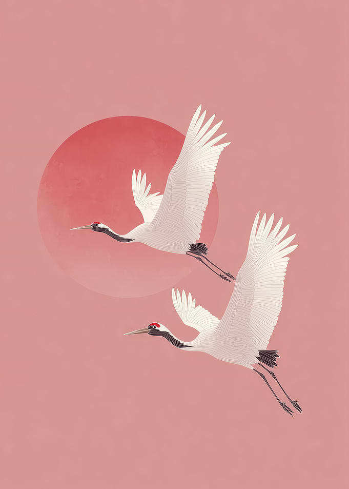 Cranes Flying Against a Pink Sky