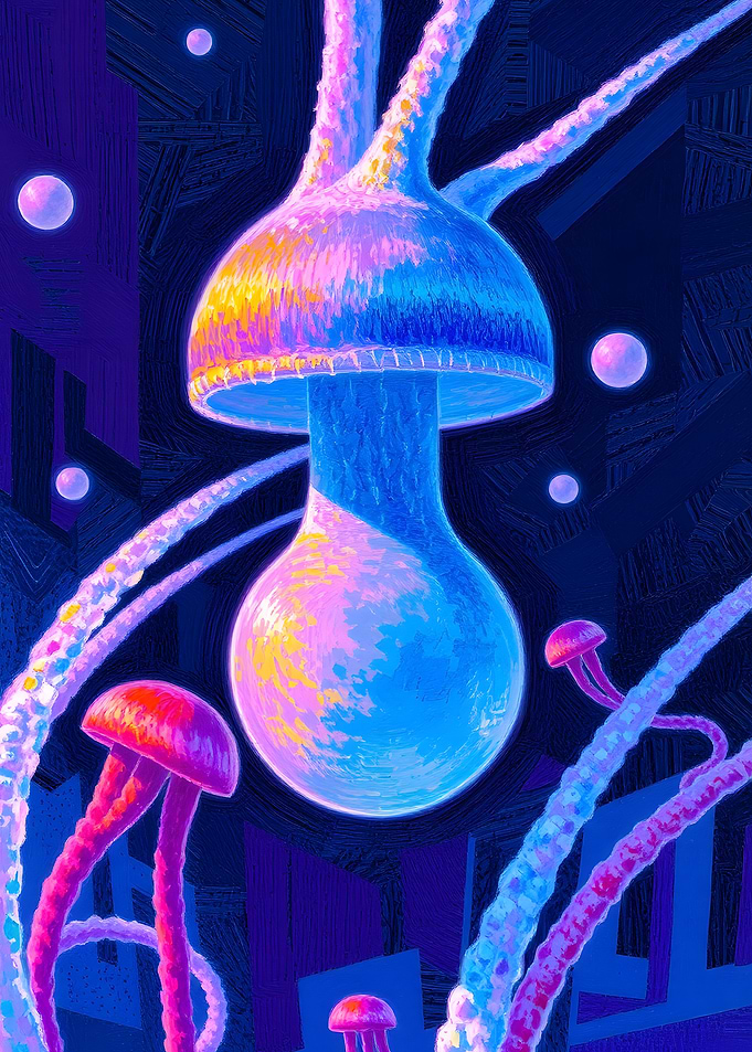 Glowing Jellyfish in Abstract Cityscape