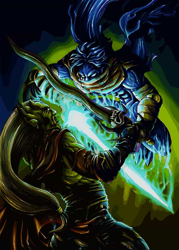 Fantasy Battle: Green Warrior vs. Blue Monster