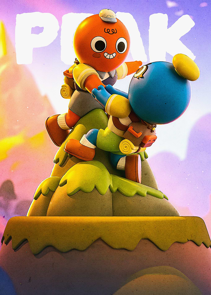 Cartoon Characters Climbing Mountain Peak