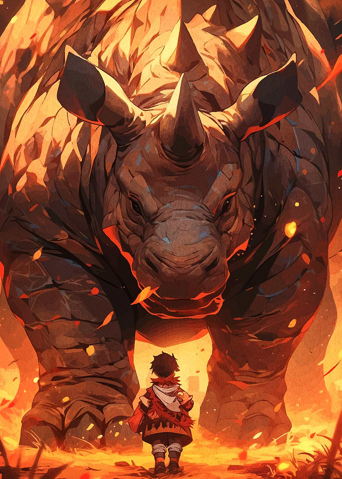 Boy Facing Giant Rhino