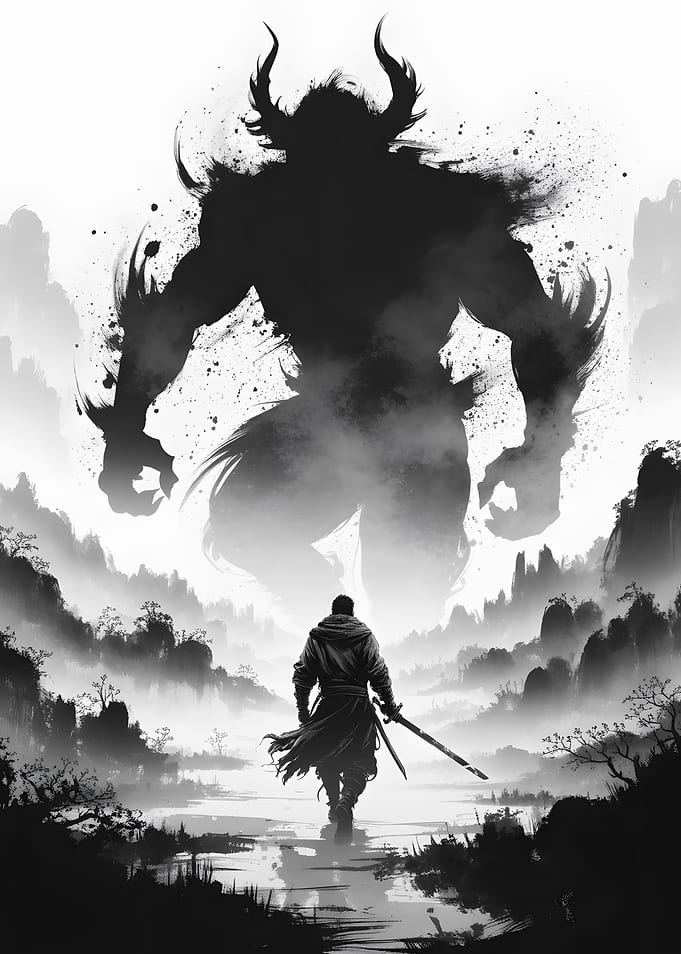 Warrior Facing a Giant Silhouette Ink Painting