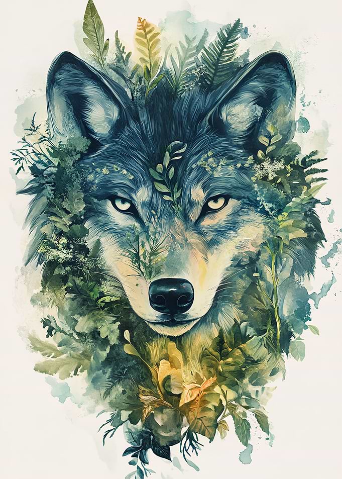 Wolf Portrait with Botanical Elements