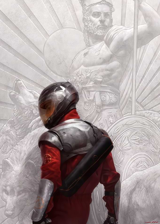 Sci-fi Warrior with Ancient Statue Backdrop
