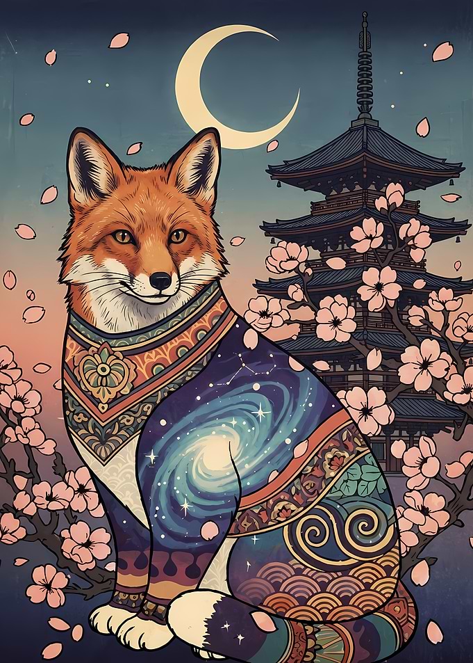 Fox with Japanese Pagoda and Moon