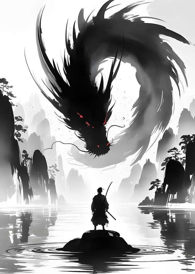 Samurai and Dragon Ink Painting