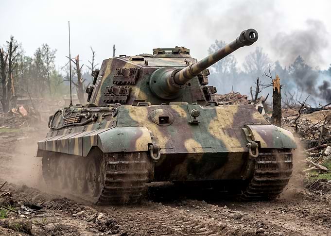 Camouflaged Tank in War-Torn Landscape