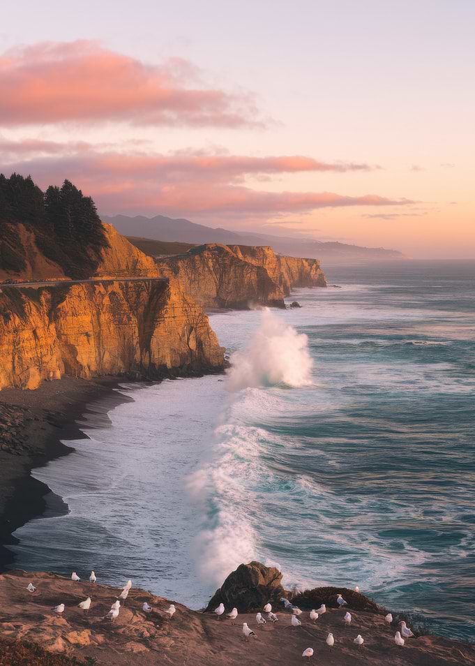 Coastal Cliffs at Sunset with Seagulls