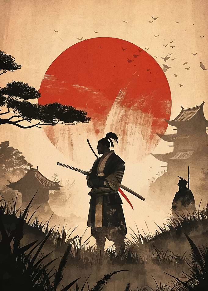 Samurai Silhouette with Rising Sun Backdrop