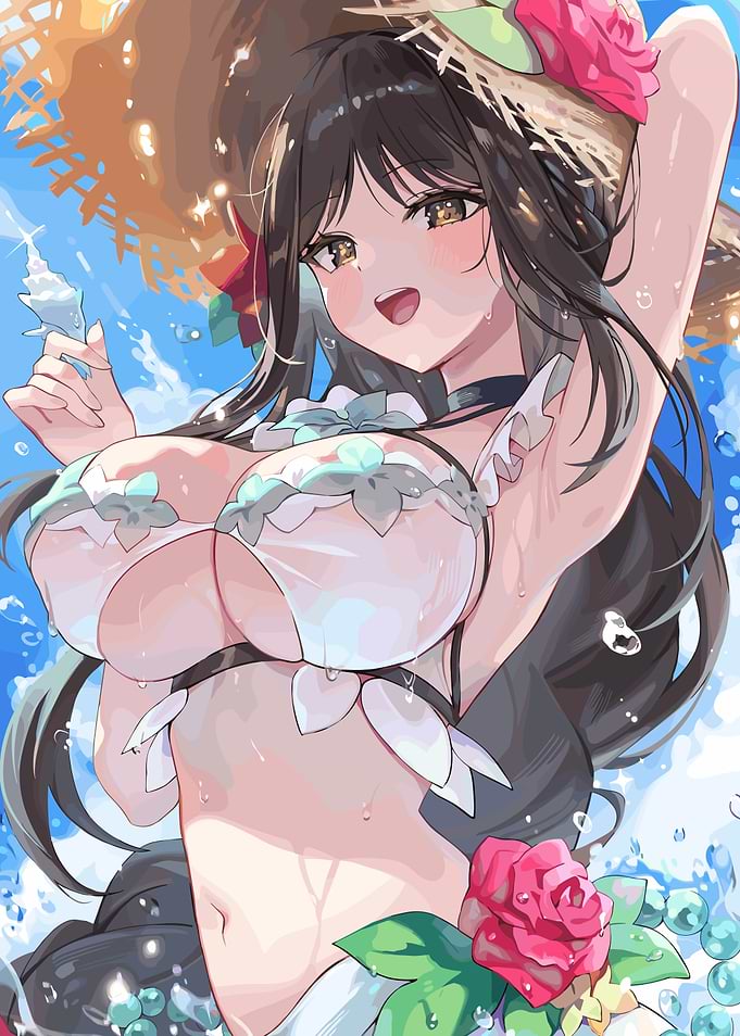 Anime Girl in Swimsuit with Straw Hat