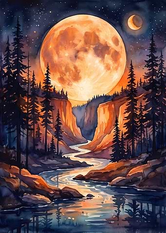 Watercolor Landscape with Moon and River