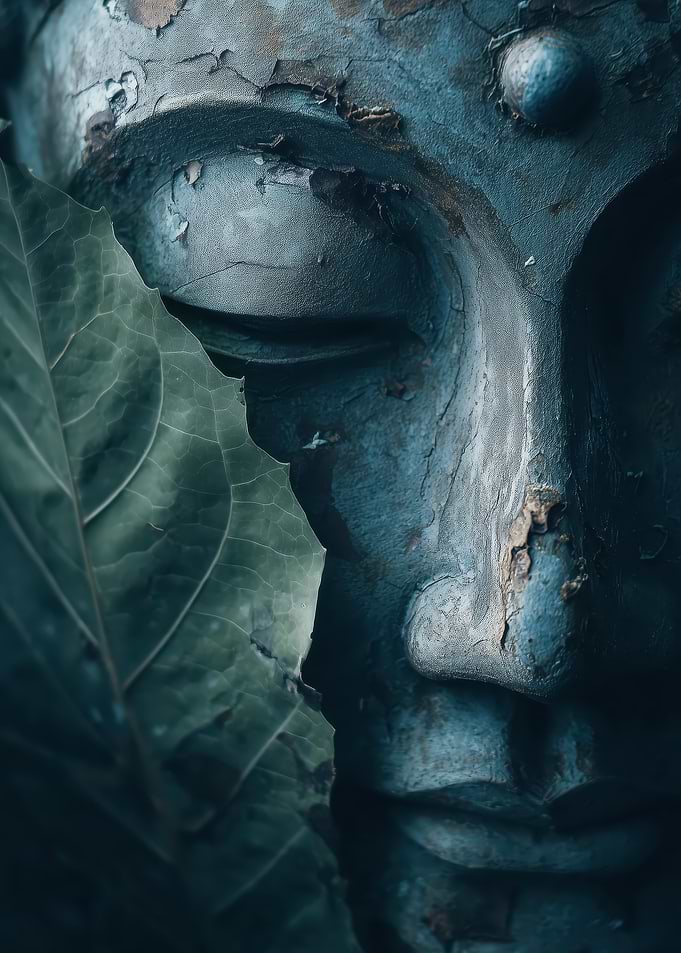 Stone Buddha Face with Leaf