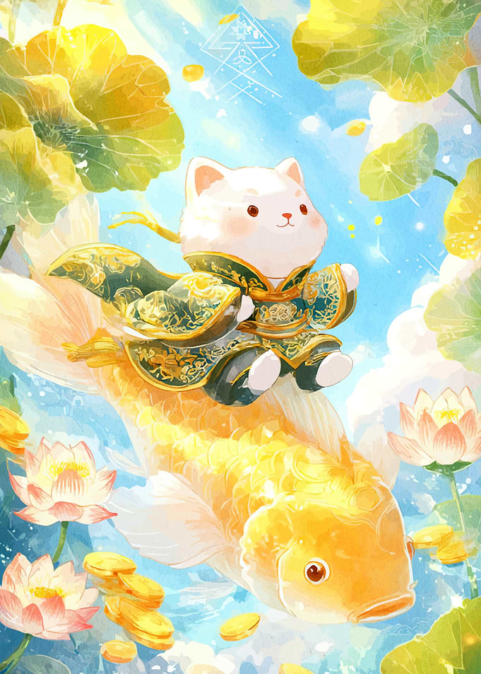 Cat riding a golden fish