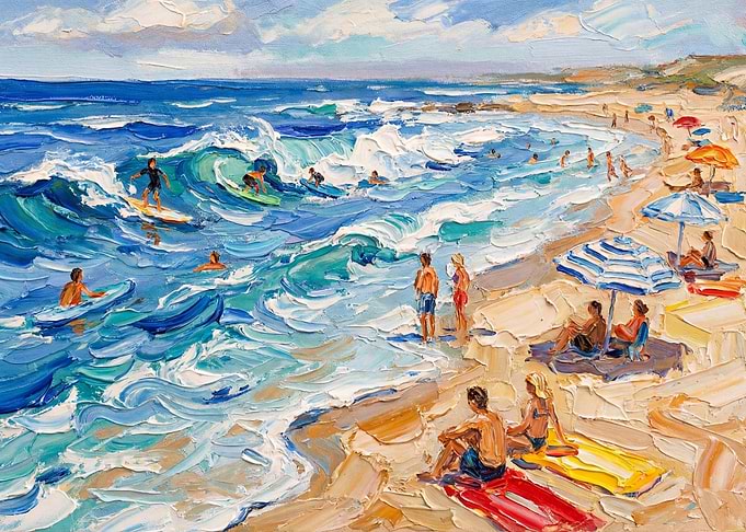 Impressionistic Beach Scene with Surfers