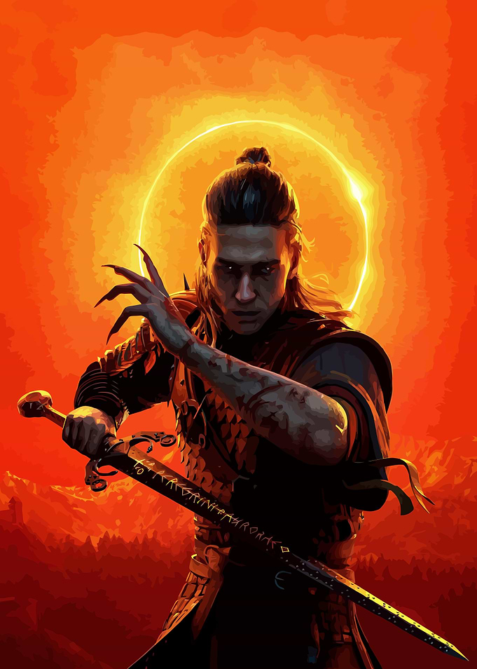 Warrior with Sword in Fiery Landscape