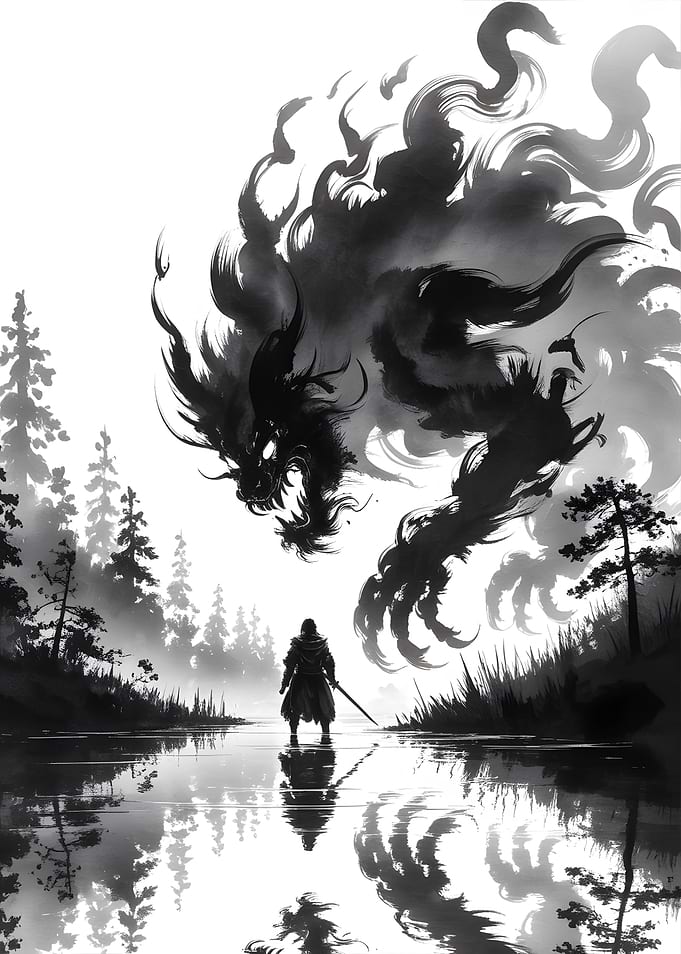 Warrior Facing Shadow Dragon in Monochrome Ink Painting