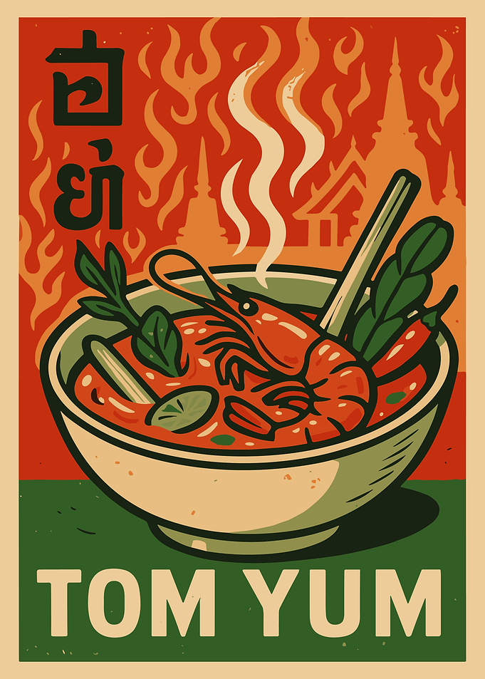 Tom Yum Soup Thai Food Poster, Spicy Asian Kitchen Wall Art, Retro Thailand Illustration Print