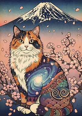 Calico Cat with Mount Fuji Background