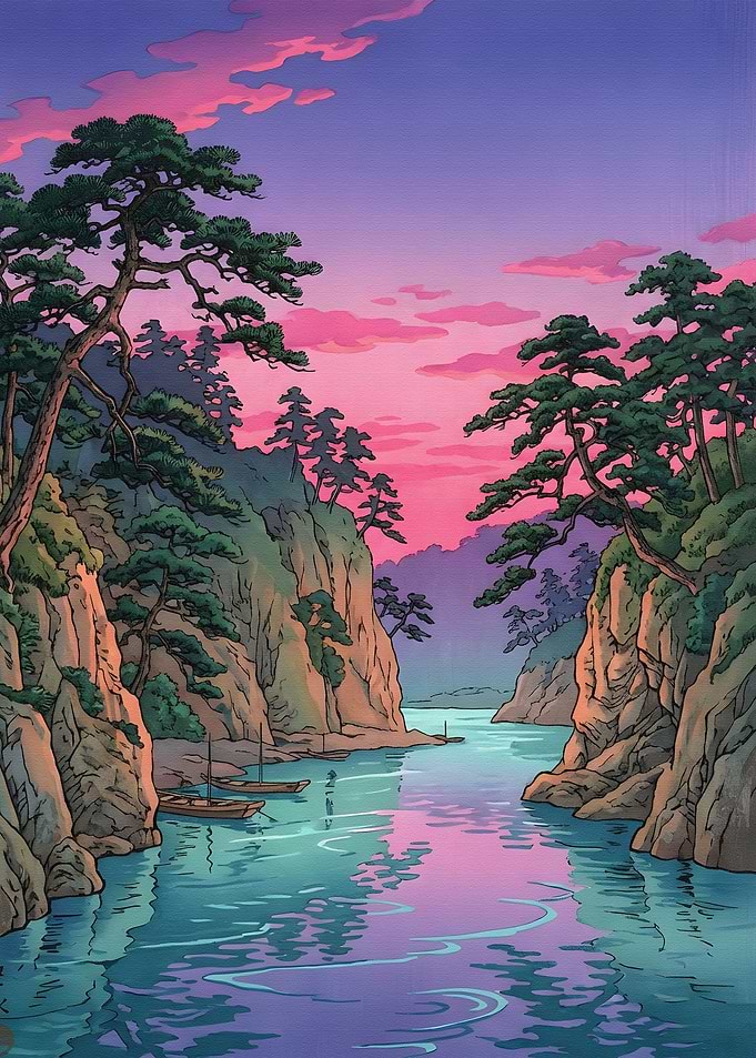 Serene River Landscape at Sunset