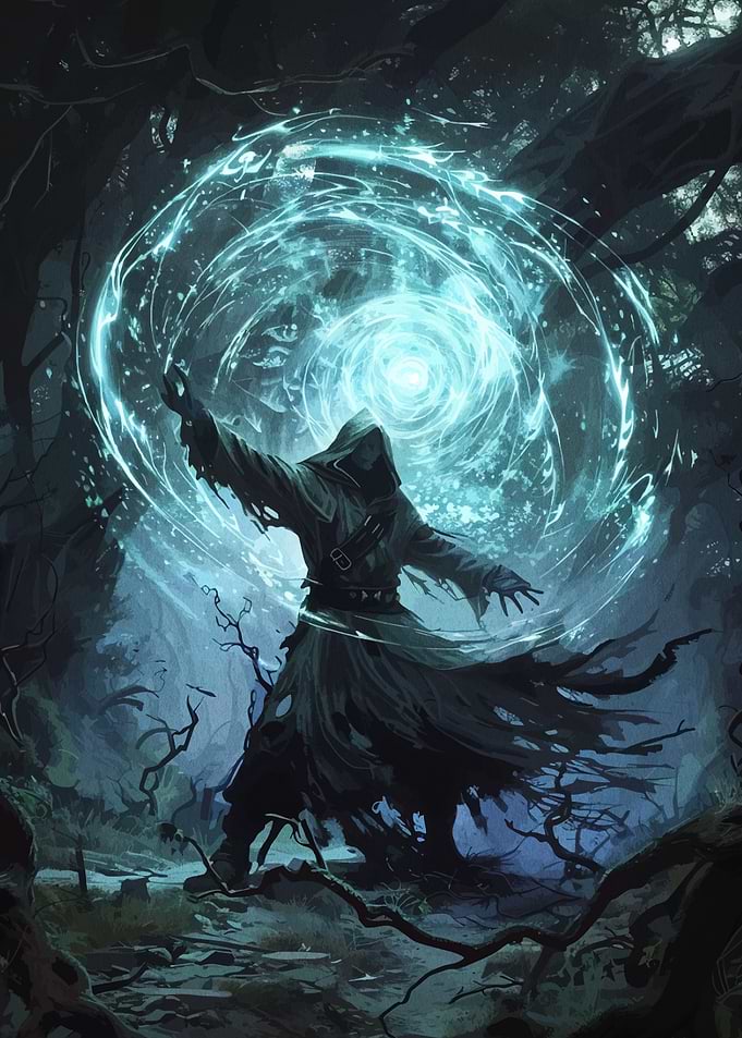 Hooded Figure Casting Magic in Forest