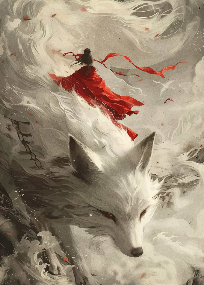 Woman in Red Riding White Fox