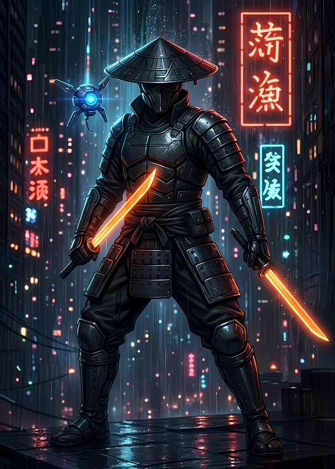 Cyberpunk Samurai with Glowing Swords