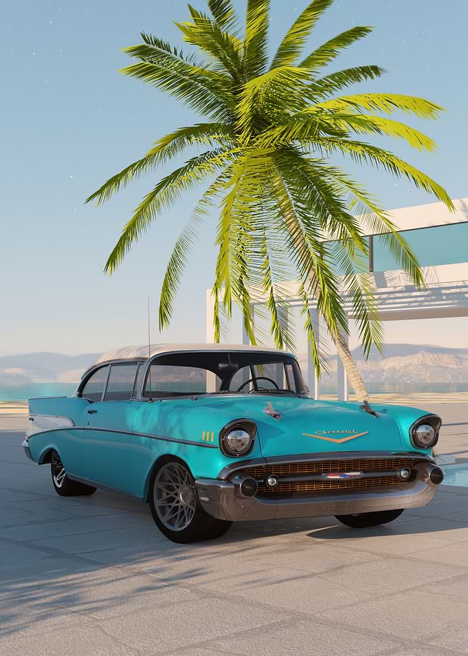 Classic Turquoise Bel Air Under Palm Tree