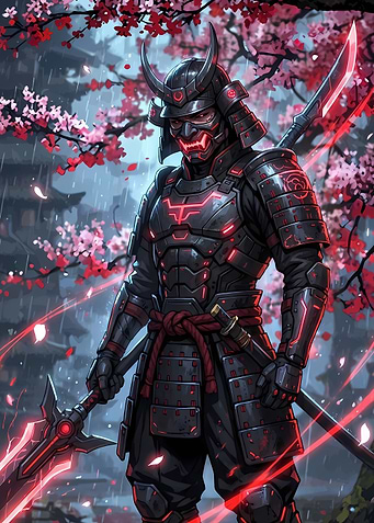 Cyberpunk Samurai in Cherry Blossom Rain