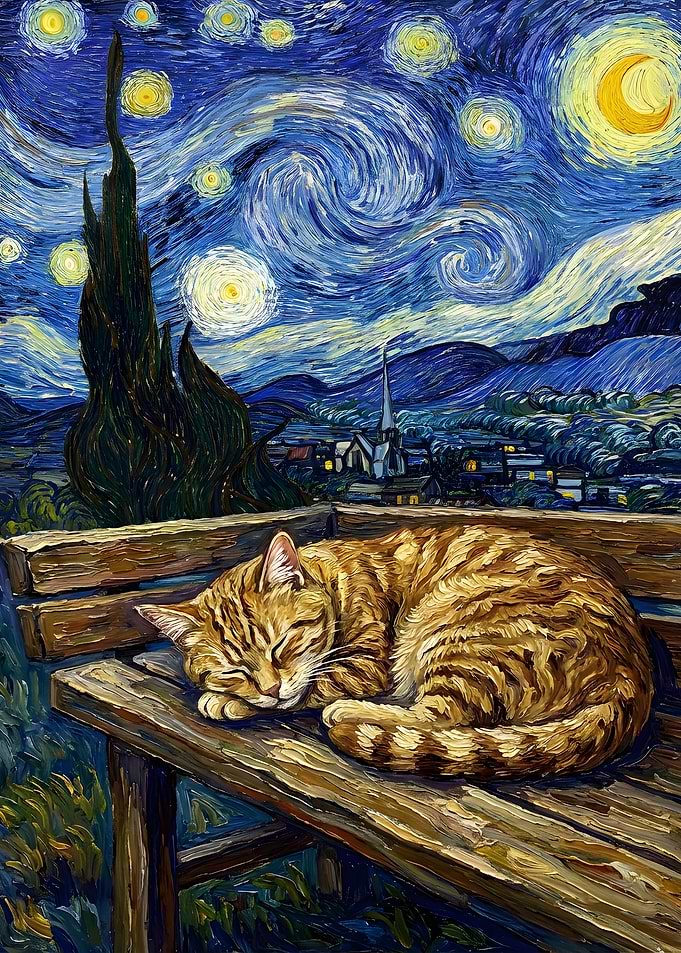 Cat Sleeping Under Starry Night Painting