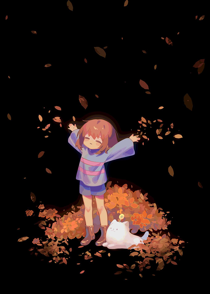 Frisk and Cat in Autumn Leaves