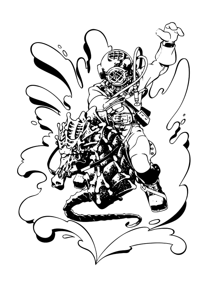 Diver riding seahorse, black and white