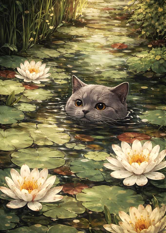 gray cat swimming in a lily pond