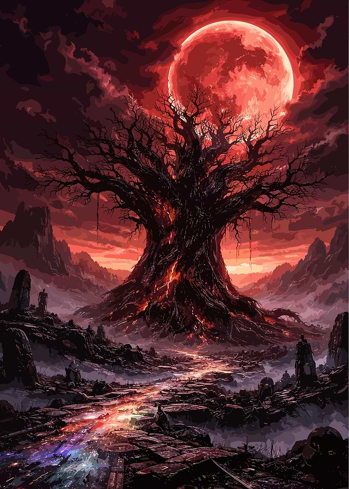 Blood Moon Tree Fantasy Landscape