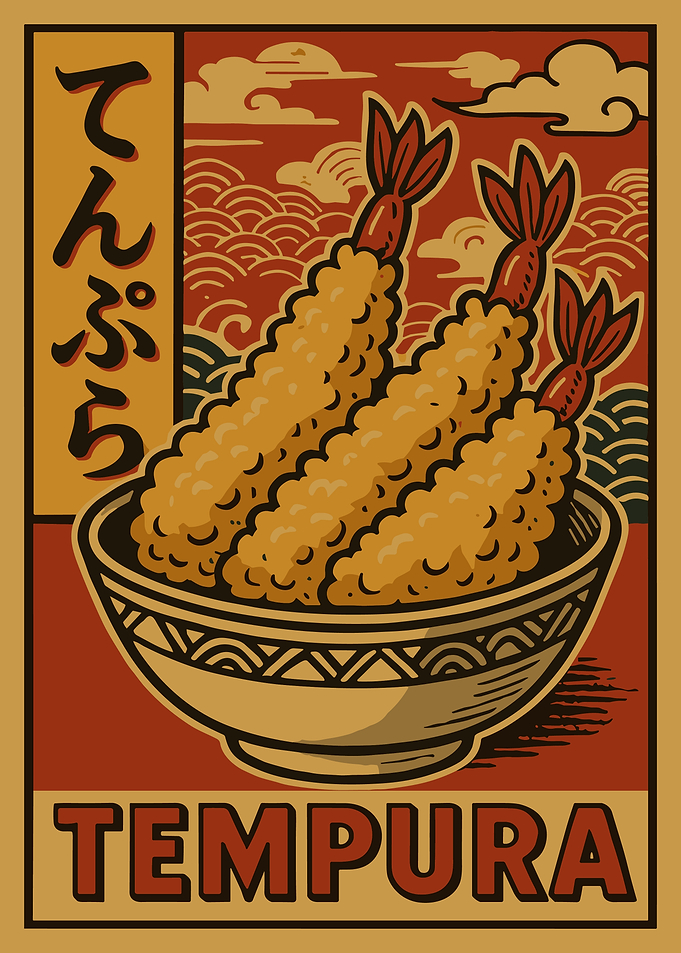 Tempura Japanese Food Poster, Retro Asian Kitchen Wall Art, Vintage Japan Illustration Print