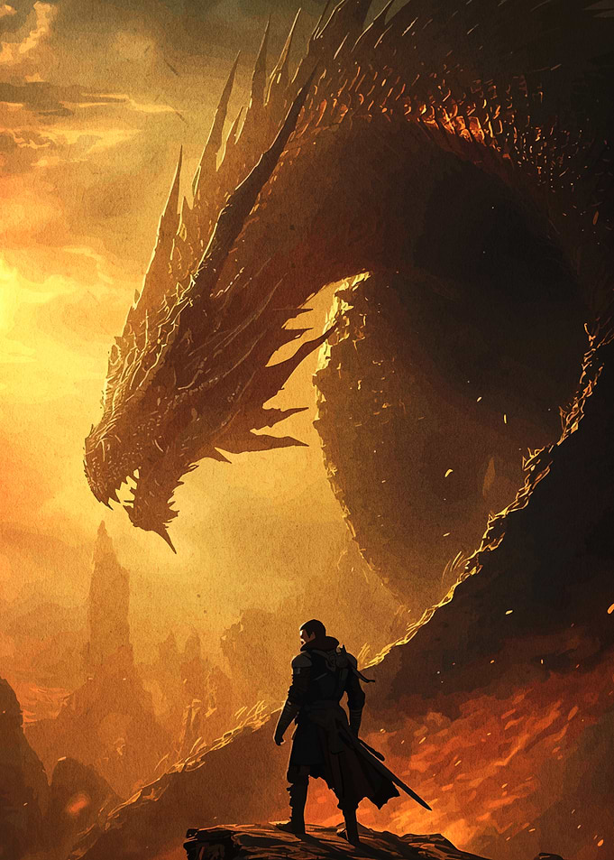 Dragon and Warrior in Fiery Landscape