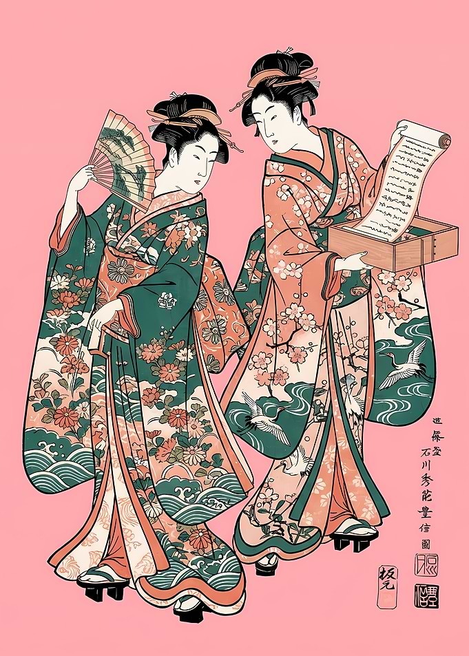 Two Geishas in Kimonos, Ukiyo-e Style