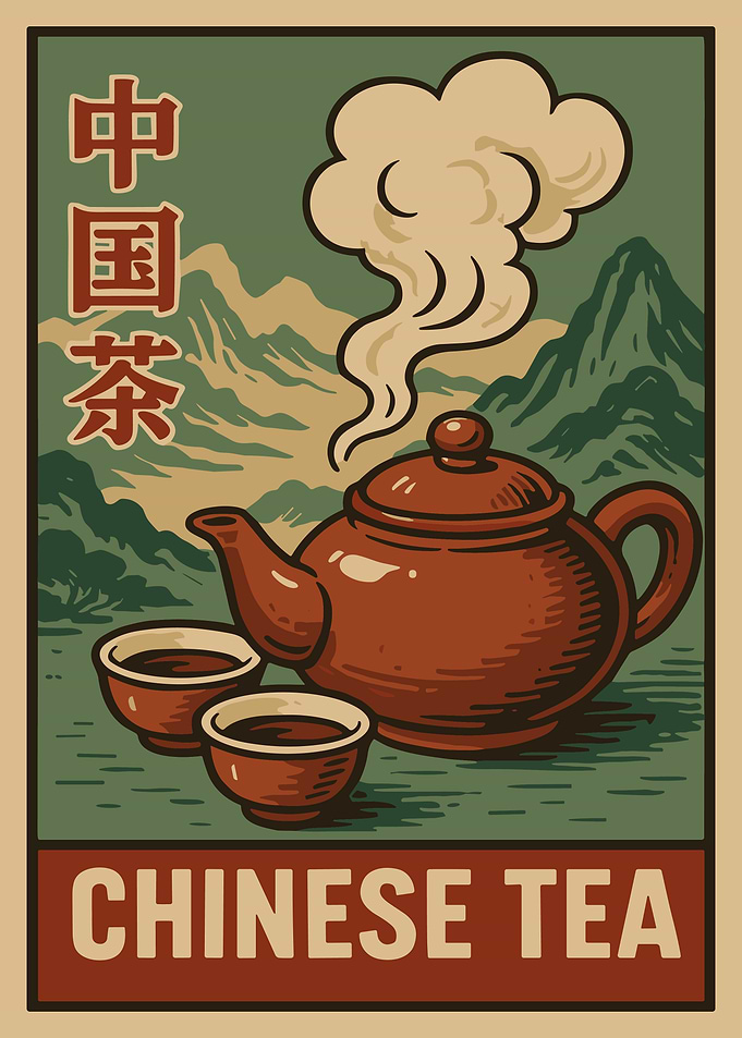 Chinese Tea Poster, Traditional Tea Art Print, Asian Mountain Wall Art, Vintage Chinese Illustration