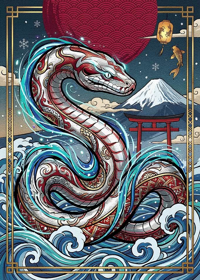 Japanese Snake Art with Mount Fuji