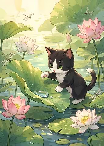 Cute Kitten in Lotus Pond