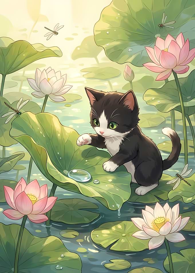 Cute Kitten in Lotus Pond