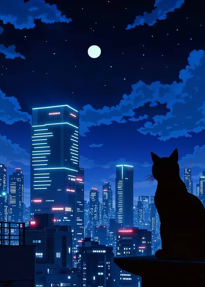 Night Cityscape with Cat Silhouette