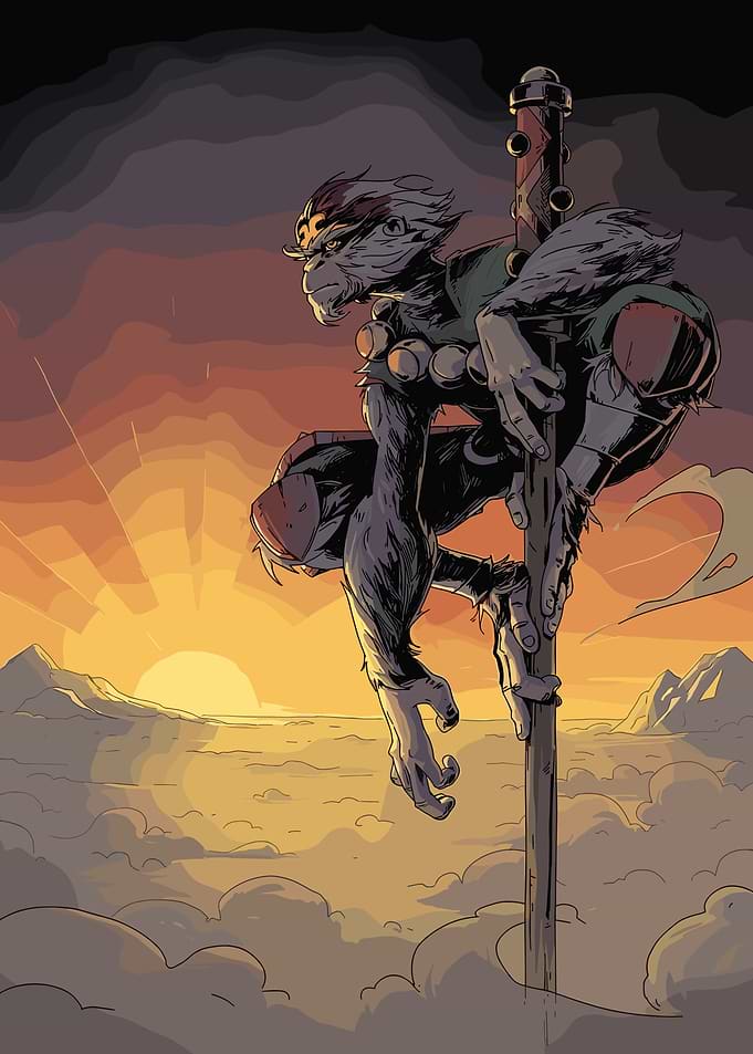 Monkey King on Staff, Sunset Background