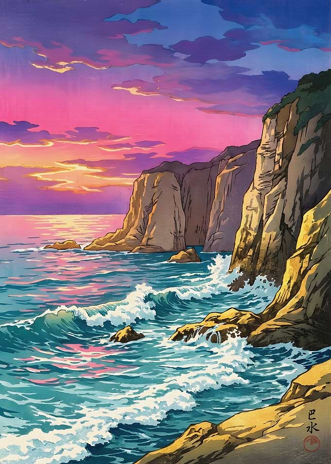 Coastal Cliff Sunset Painting