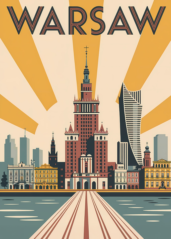 Warsaw Cityscape Vintage Travel Poster
