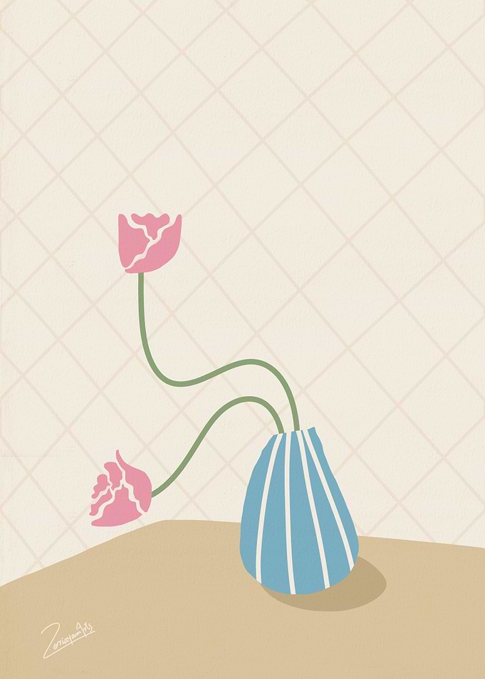 Pink Tulips in Blue Striped Vase
